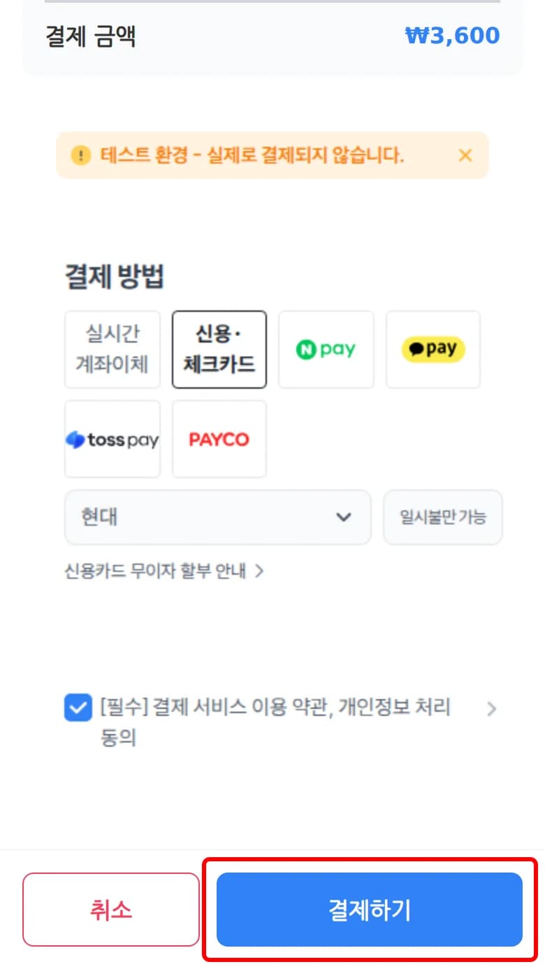 필수 약관 동의 후 결제하기 버튼을 누르기 직전 화면