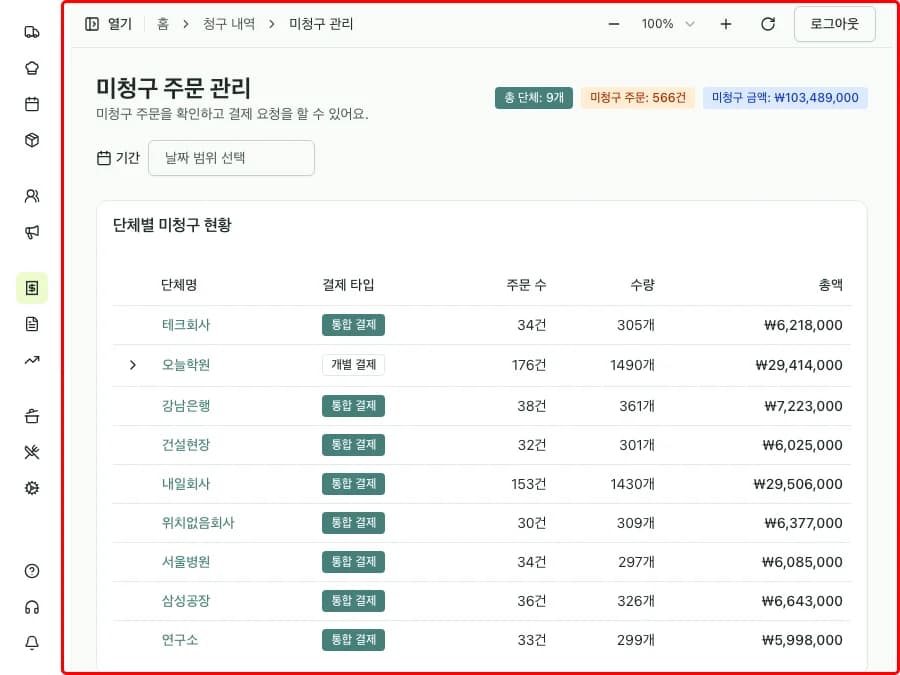 미청구 현황 목록